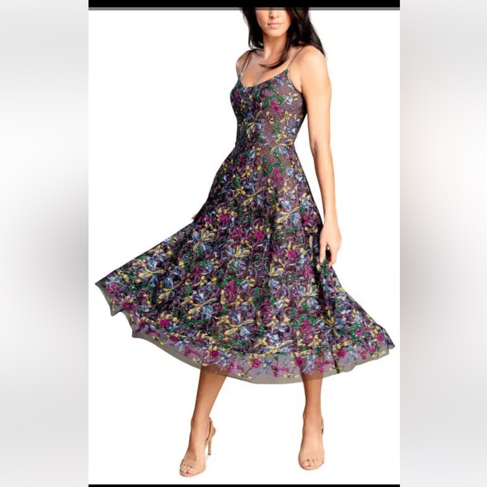 Dress The Population Uma Midi Dress in Amethyst Multi Sequin A-Line Floral